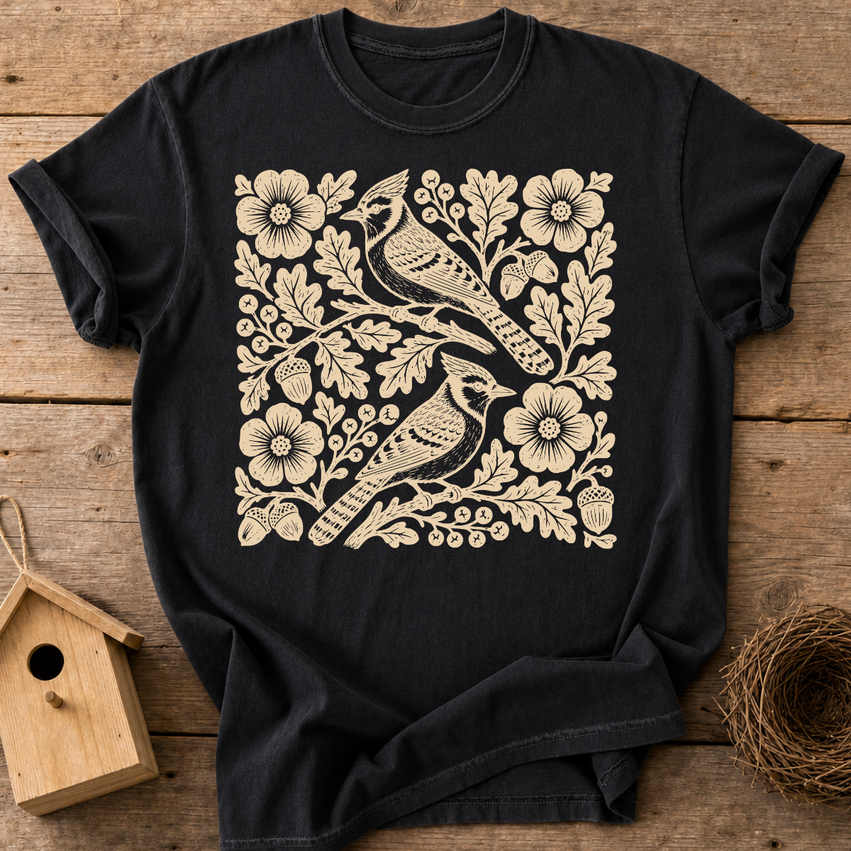 Folk Blue Jay Birds T-Shirt