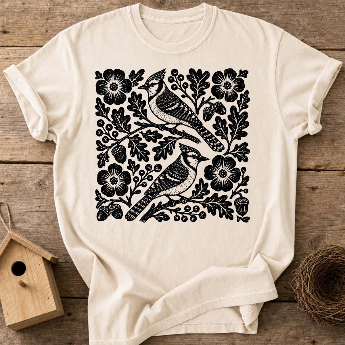 Folk Blue Jay Birds T-Shirt
