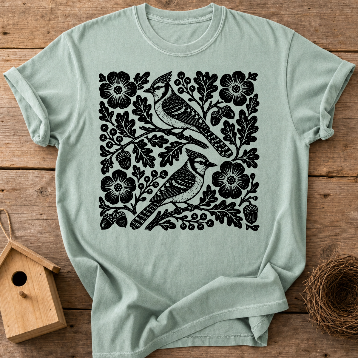 Folk Blue Jay Birds T-Shirt