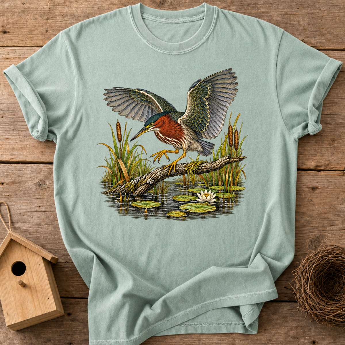 Green Heron Landing T-Shirt