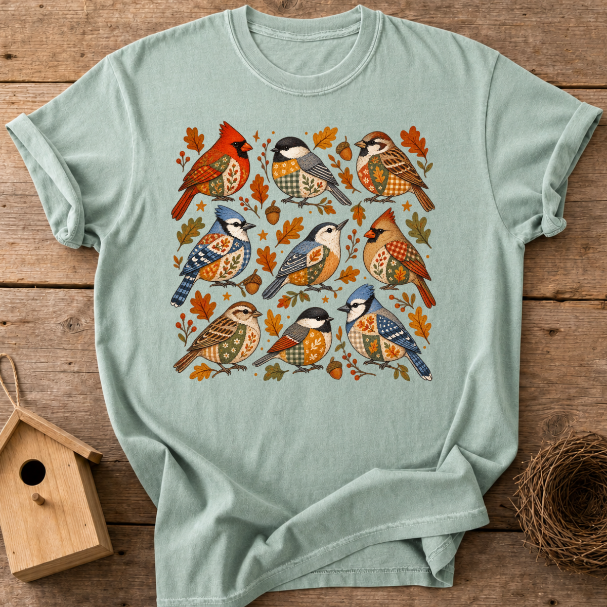 Fall Patchwork Birds T-Shirt