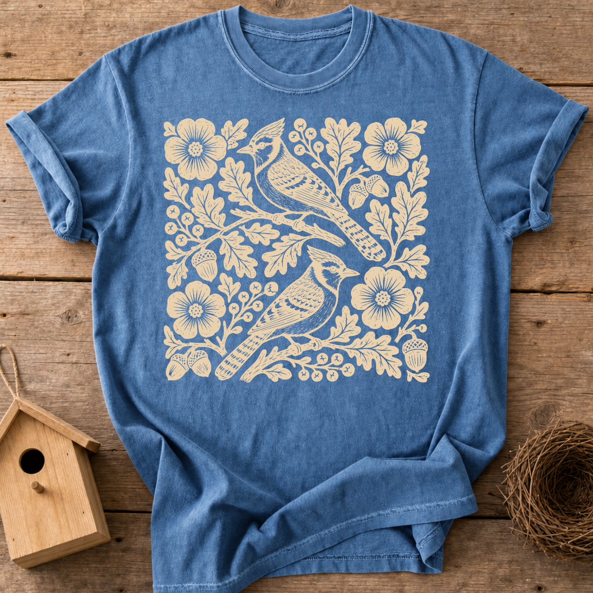 Folk Blue Jay Birds T-Shirt
