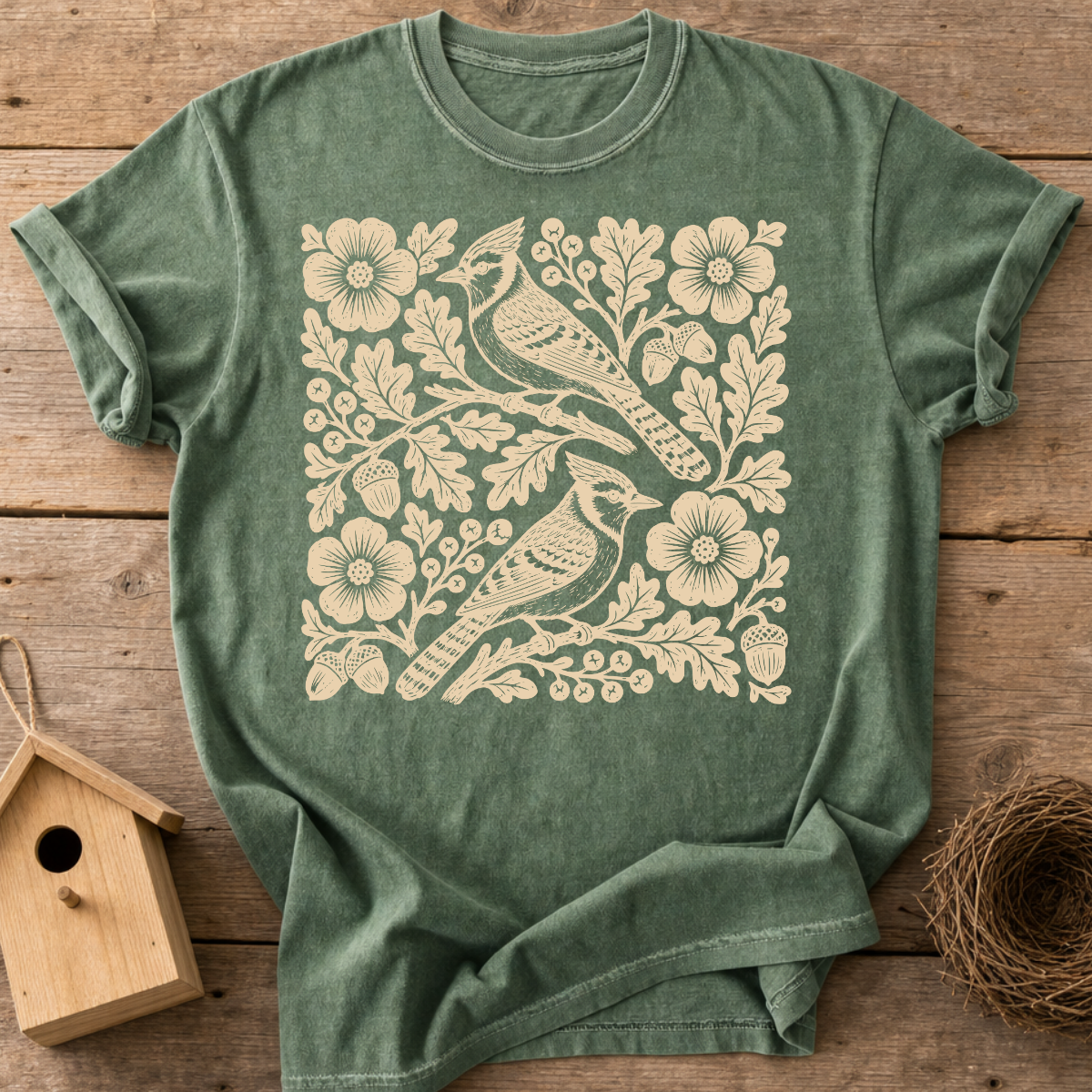 Folk Blue Jay Birds T-Shirt